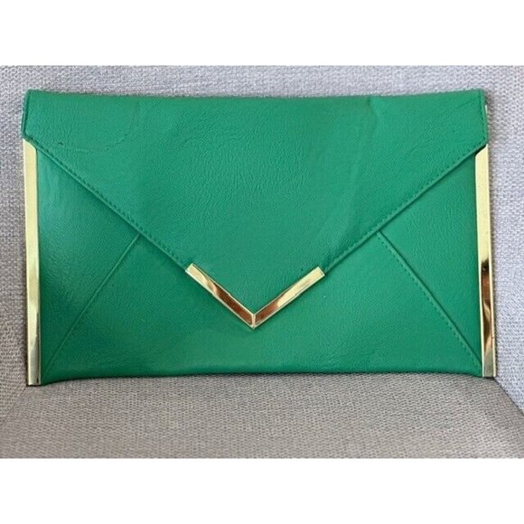 ASOS Design Clutch Envelope Fold Over Green With Metallic Gold Rectangle See - Picture 2 of 12